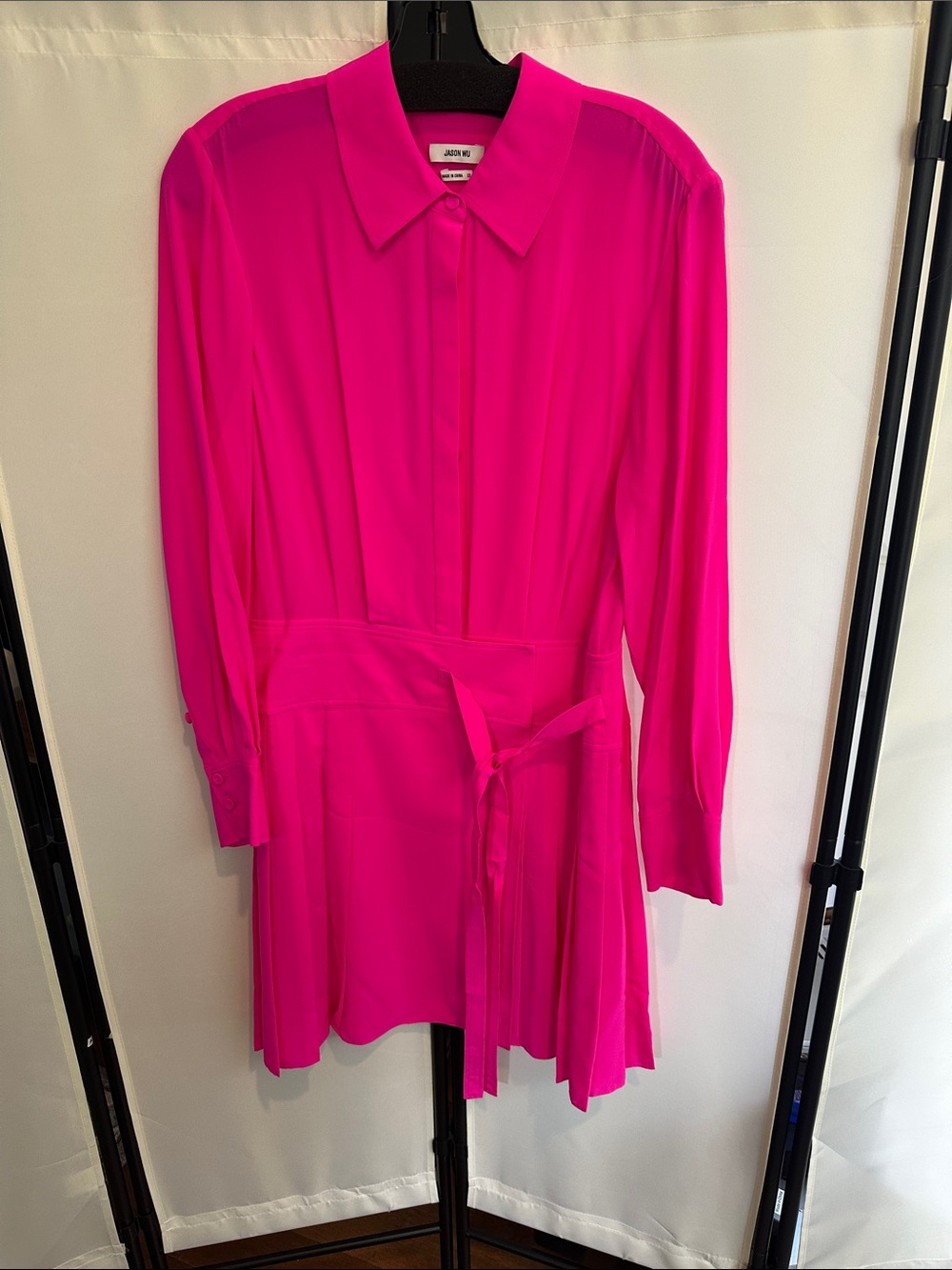 Jason Wu 100% silk Hot Pink Long-Sleeve Mini Shirt Dress with Tie